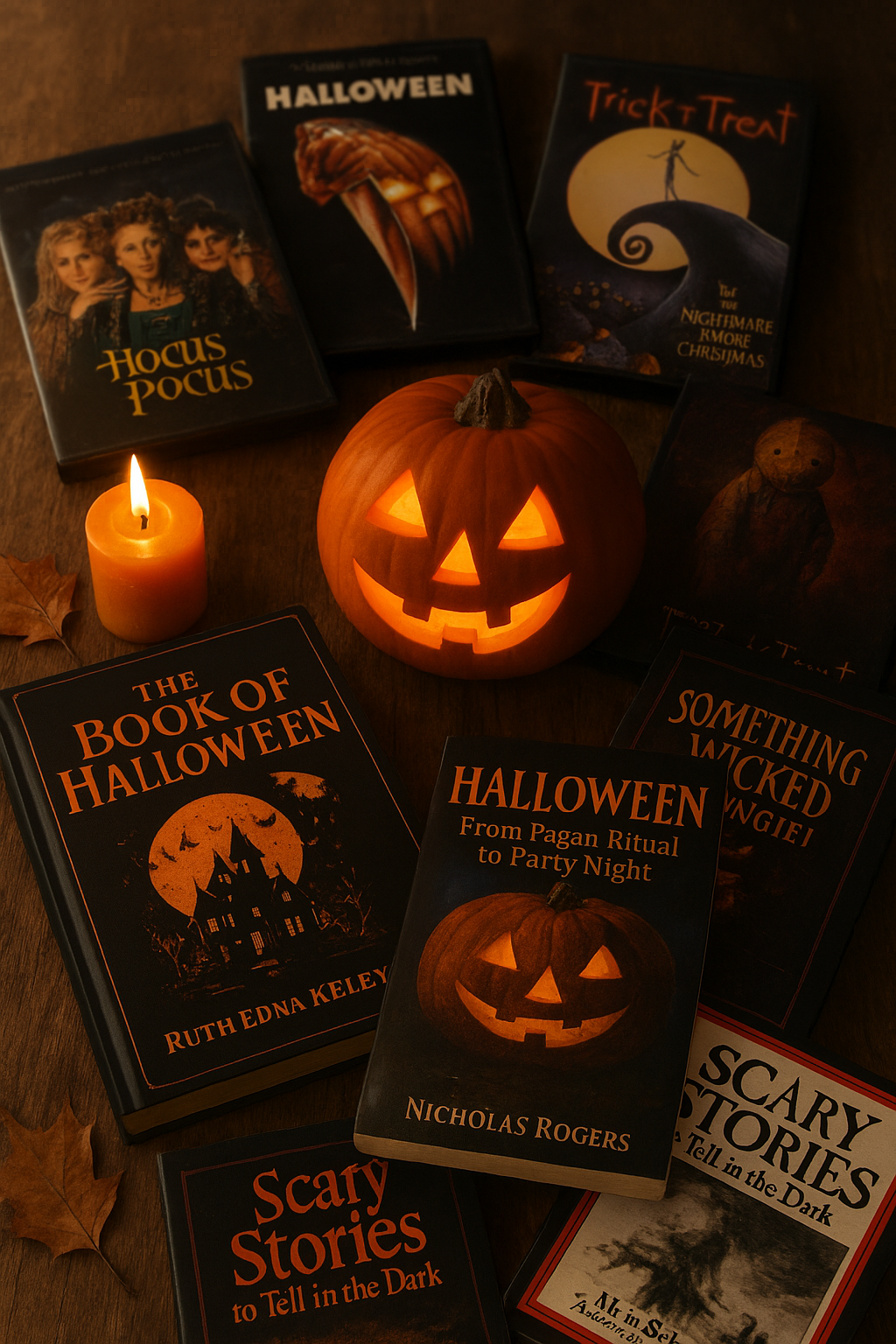 Halloween-inspired image captures the eerie charm of jack-o'-lanterns, misty moonlight, trick-or-treaters, and a cozy stack of spooky books and movies.